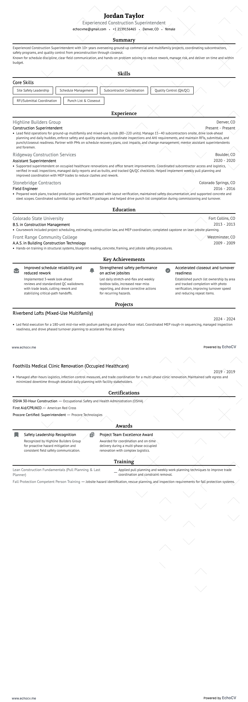 Conducteur de travaux resume example