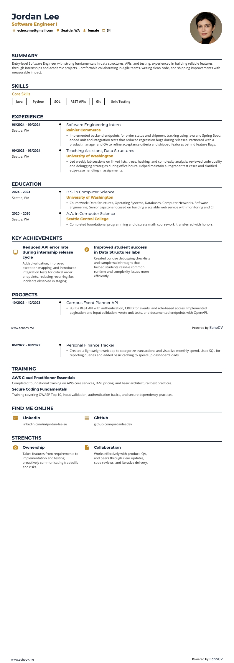 Ingeniero de software I resume example