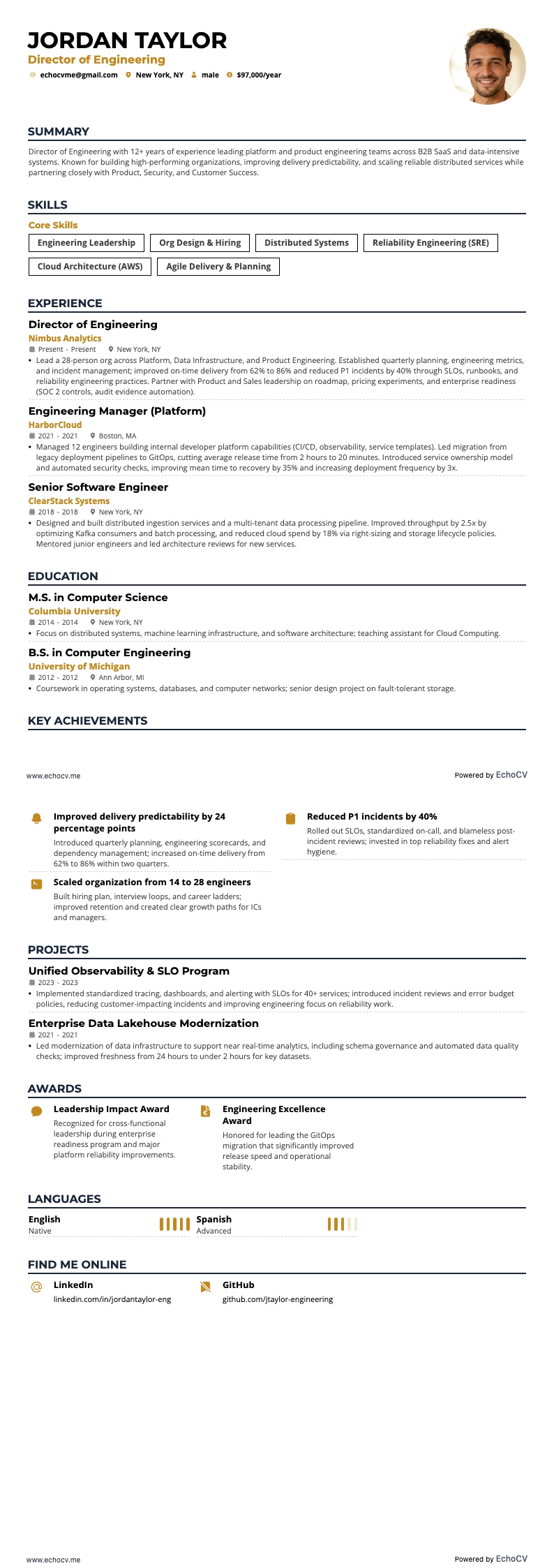 Direttore dell’ingegneria resume example