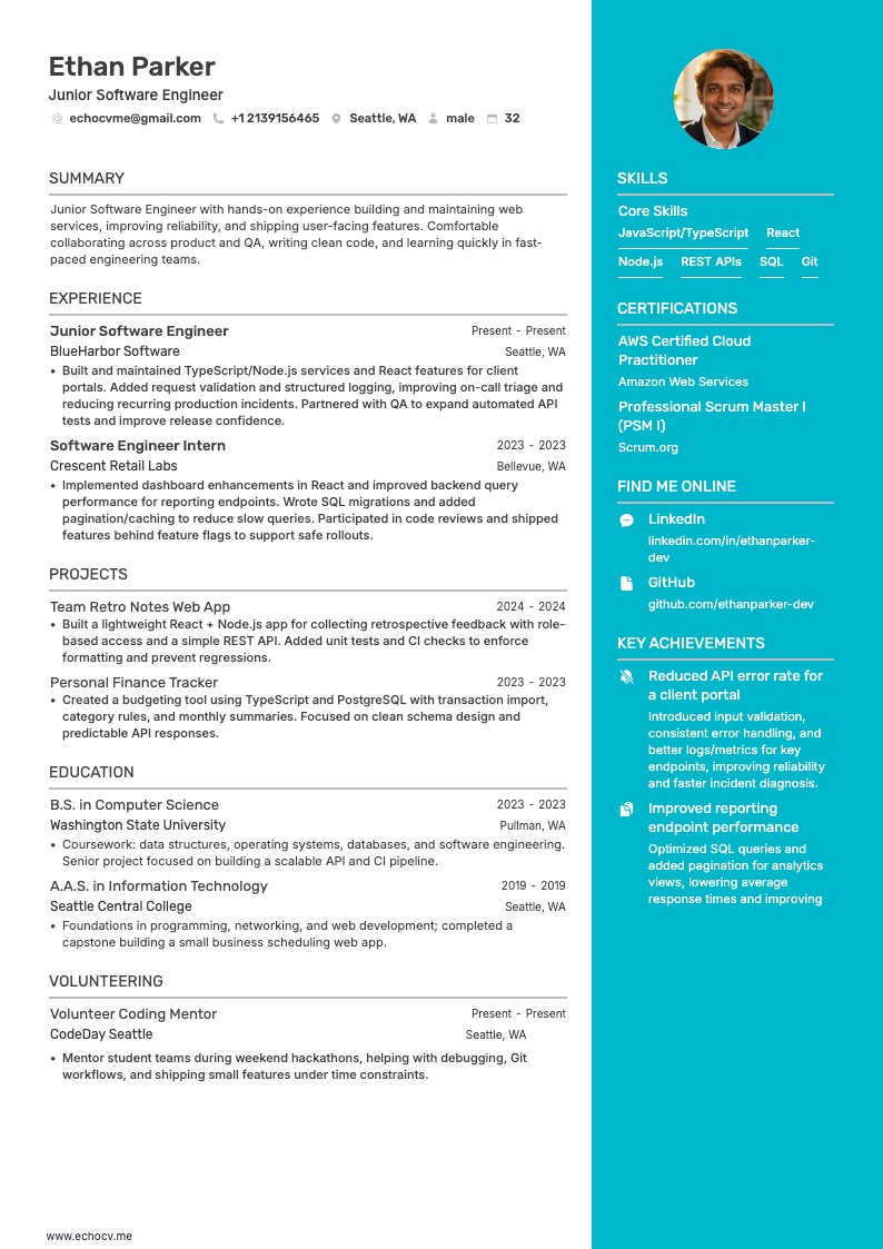 Junior Software Engineer example resume