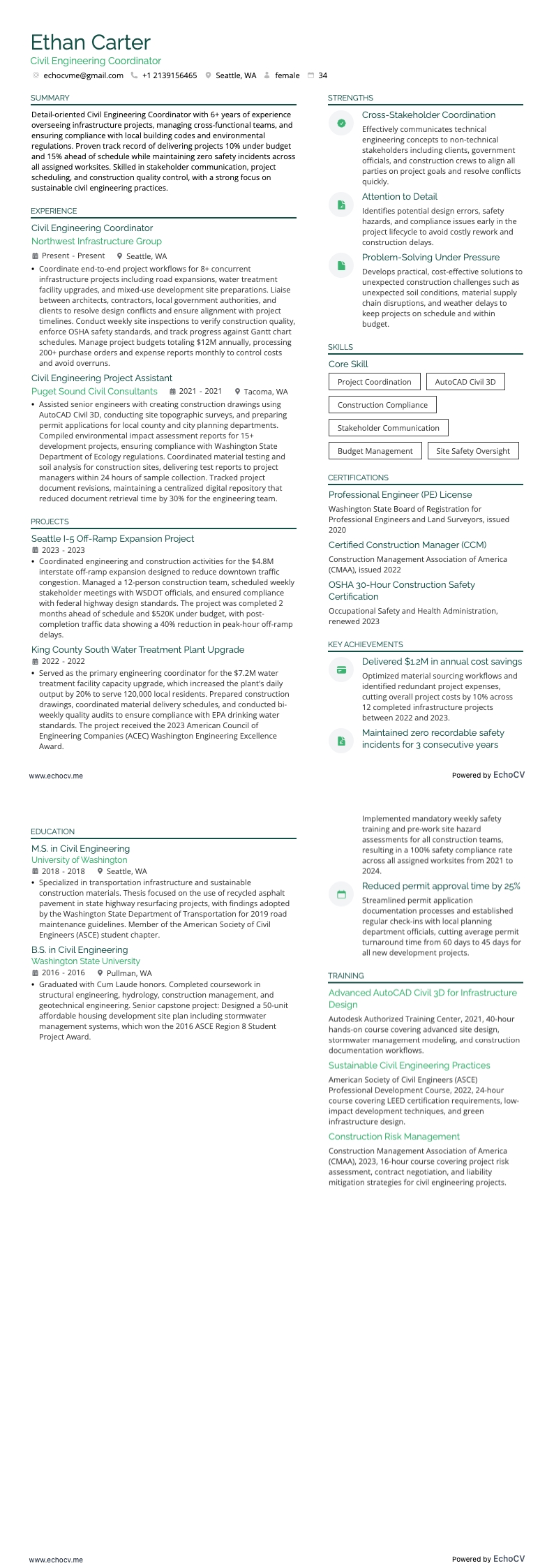 Coordinador de Ingeniería Civil example resume