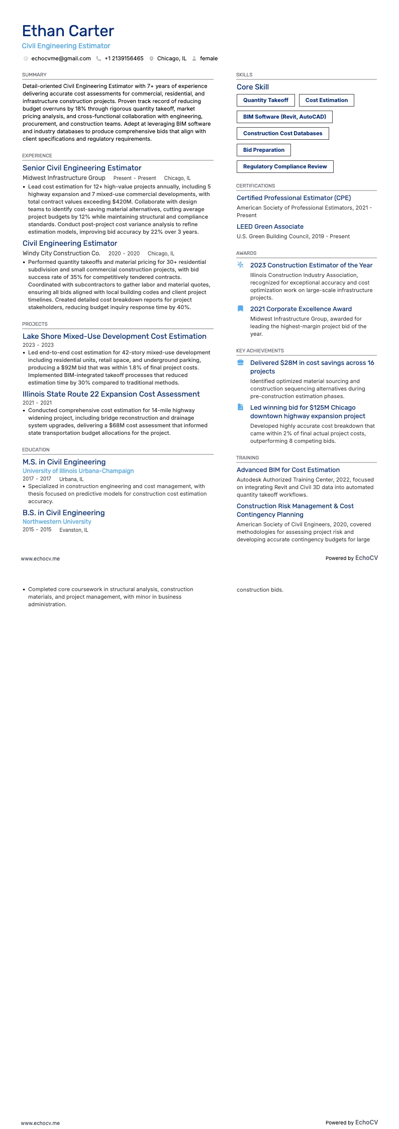 Estimador de ingeniería civil example resume