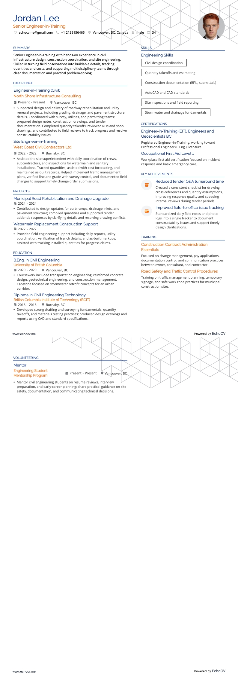 Senior Engineer-in-Training example resume