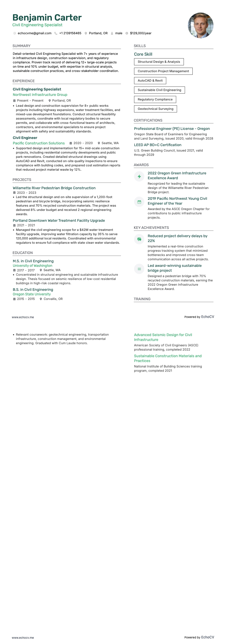 Especialista en ingeniería civil example resume