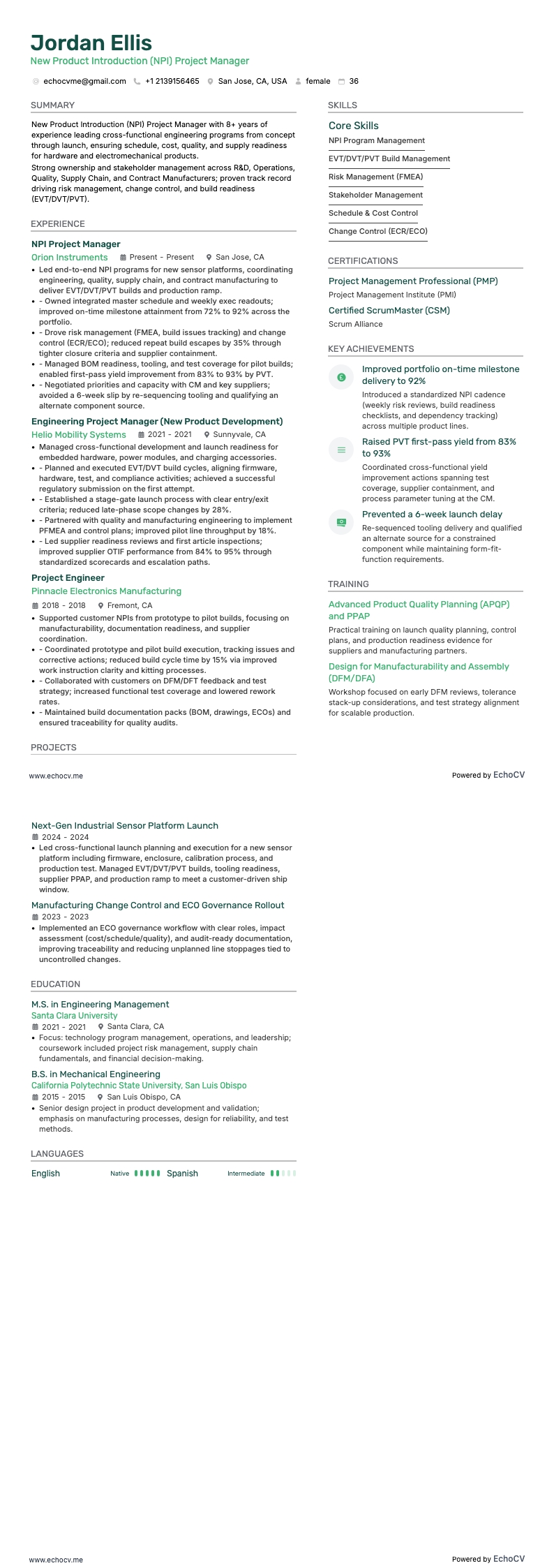 New Product Introduction Project Manager example resume