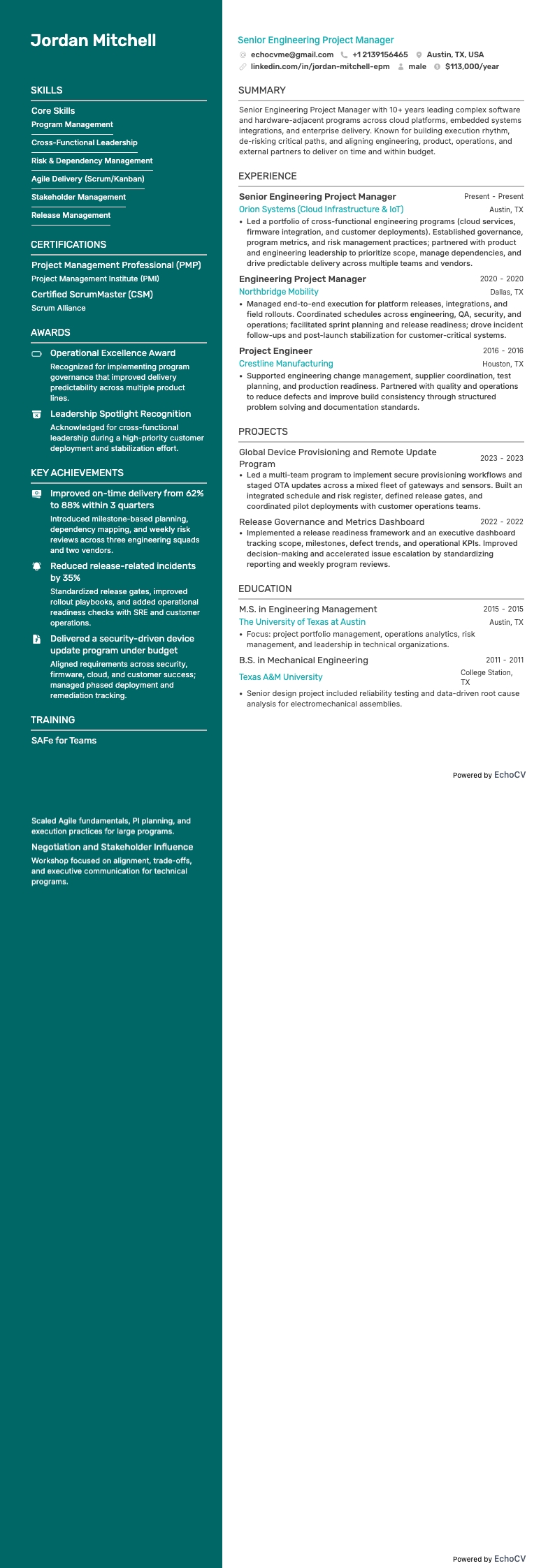 Senior Engineering Project Manager example resume