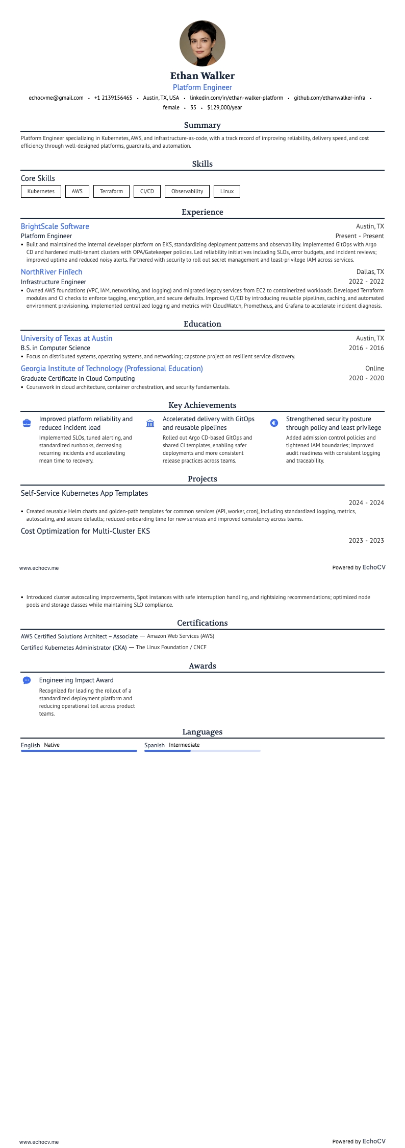 Platform Engineer example resume