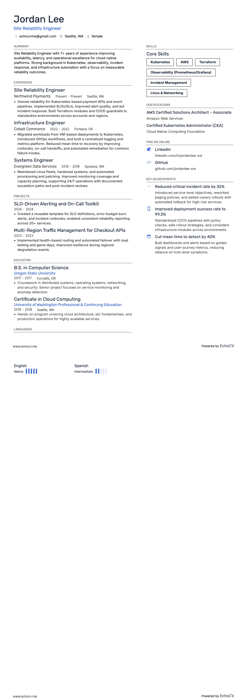 Site Reliability Engineer example resume