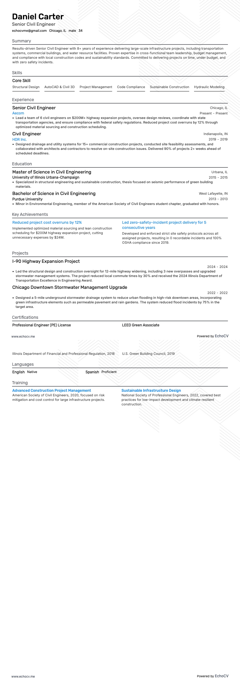 Ingeniero civil sénior example resume