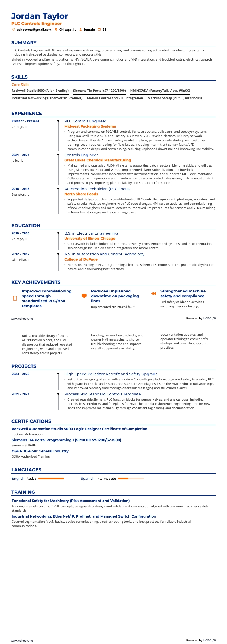 Controls engineer resume example