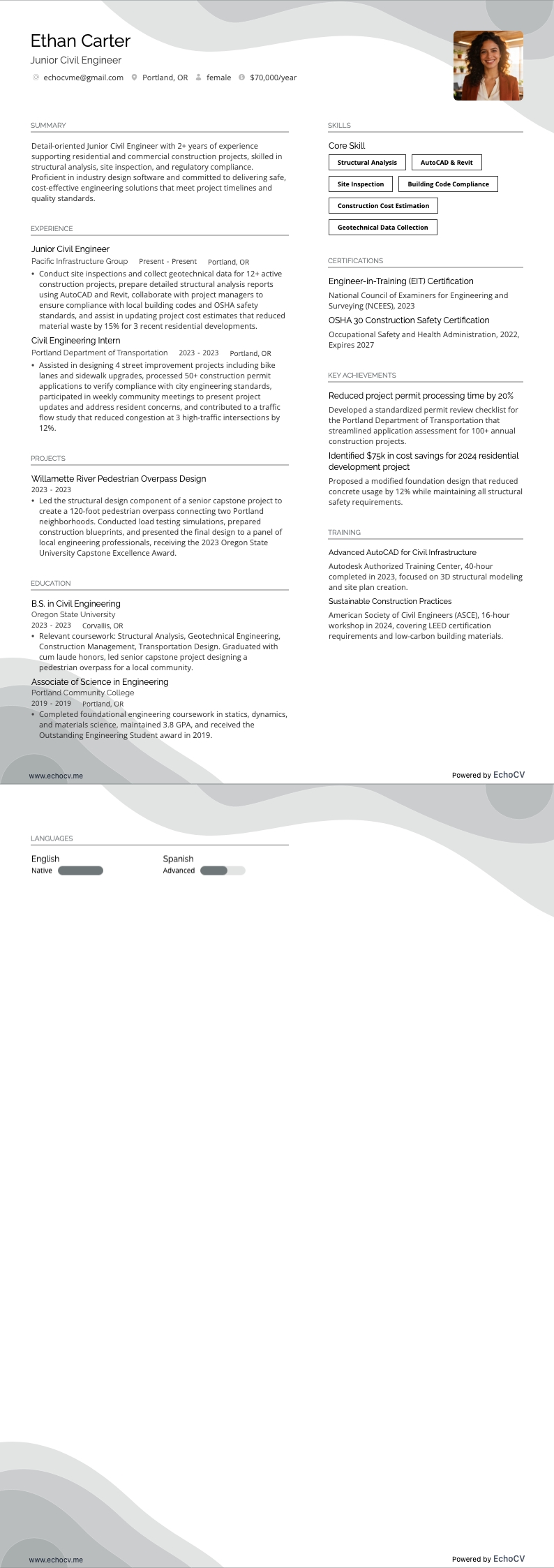 Ingeniero civil junior example resume