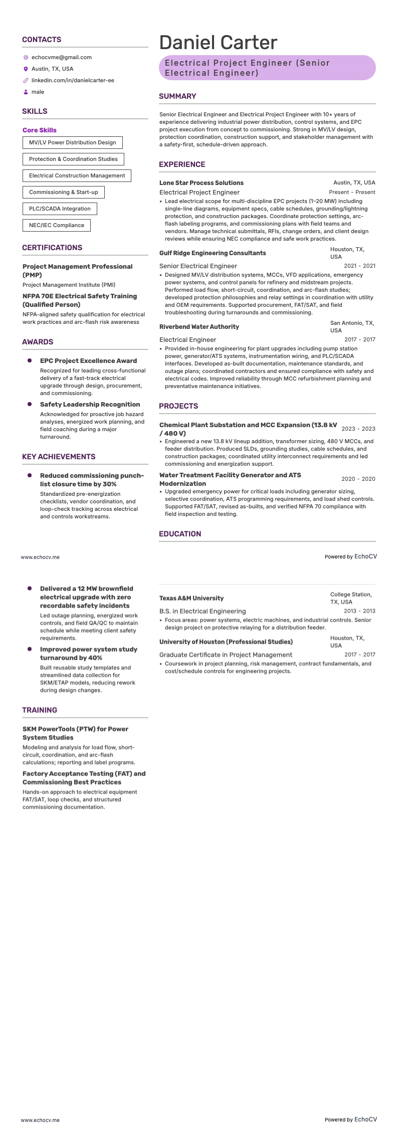 Electrical Project Engineer example resume