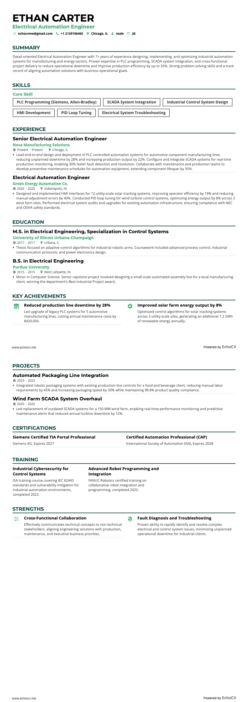 Electrical Automation Engineer example resume