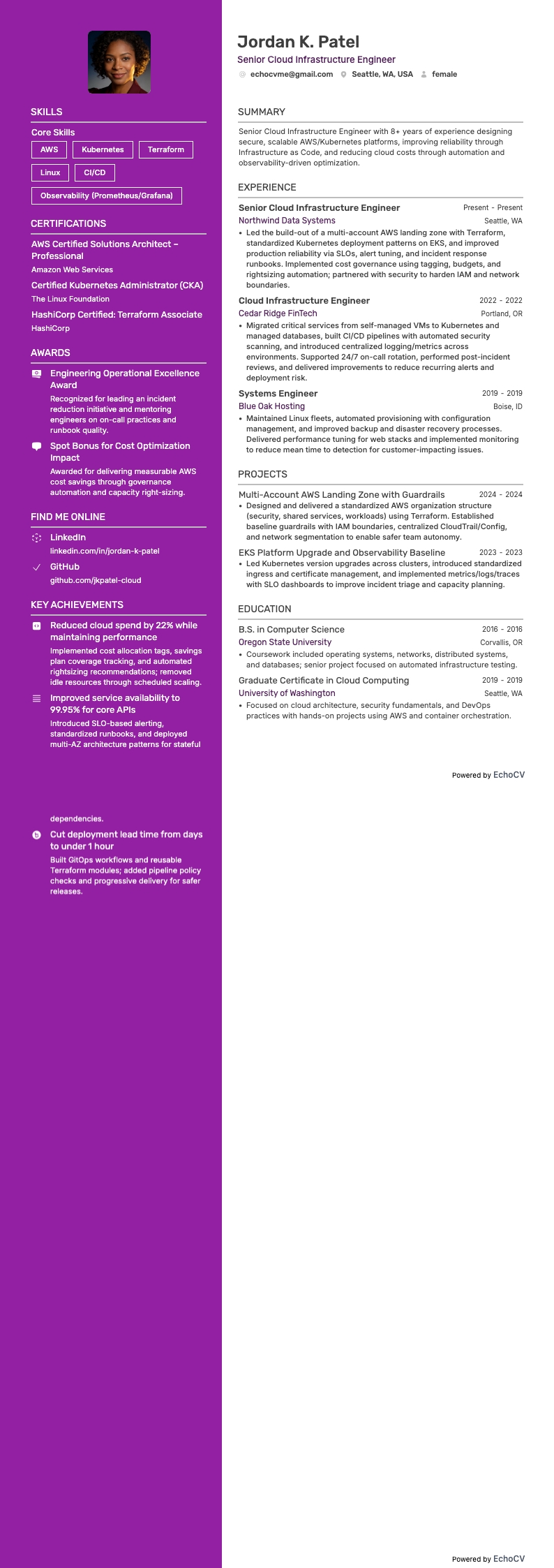 시니어 클라우드 인프라 엔지니어 example resume