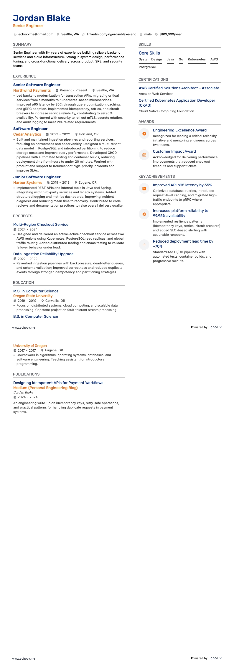 시니어 엔지니어 example resume