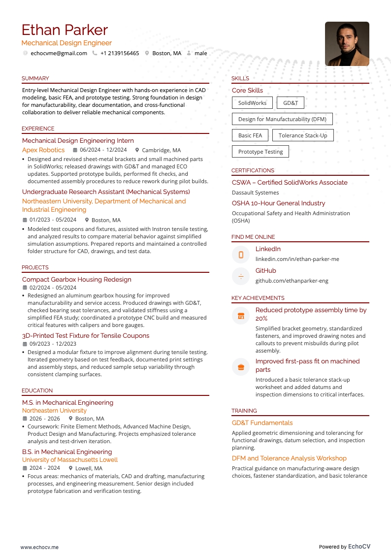 Mekanikkonstruktör example resume