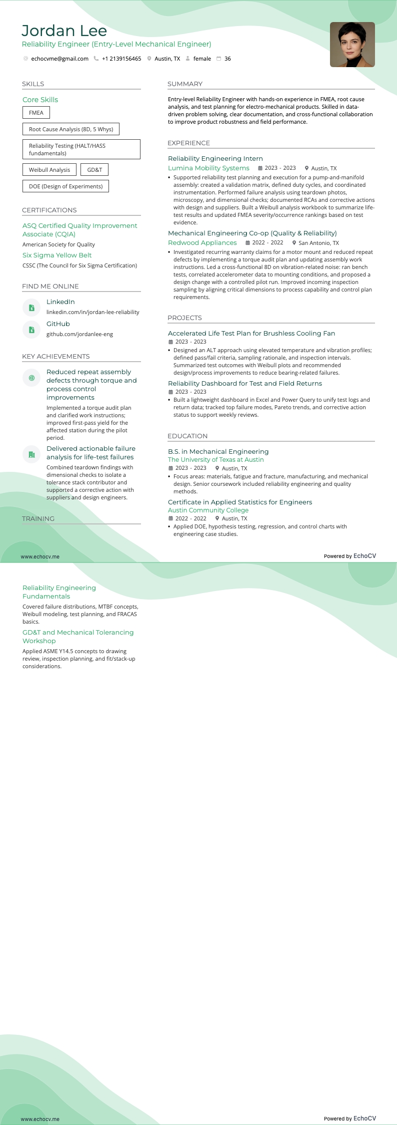 Mekanikkonstruktör på ingångsnivå resume example