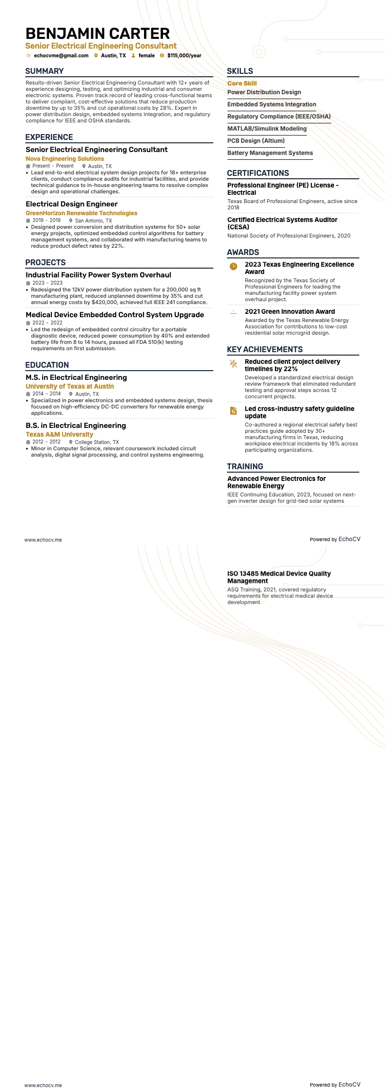 Electrical Engineering resume example