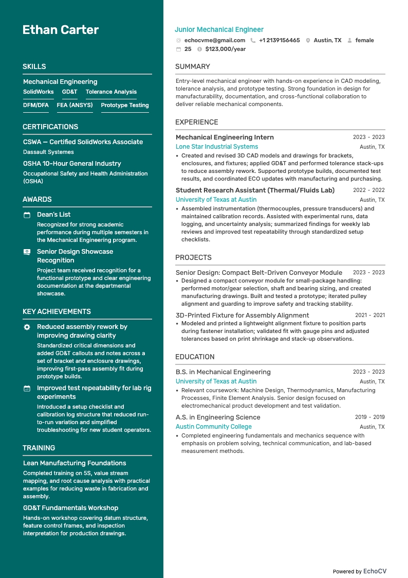 Junior maskiningenjör example resume