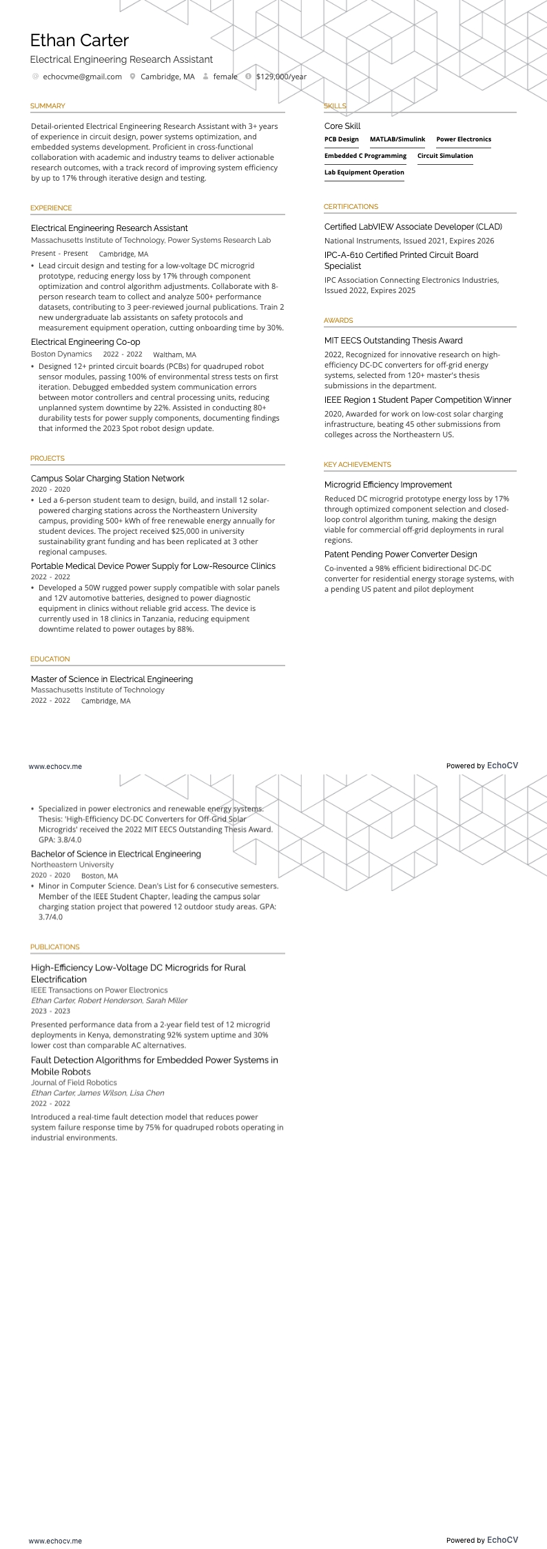 Electrical Engineering Research Assistant example resume