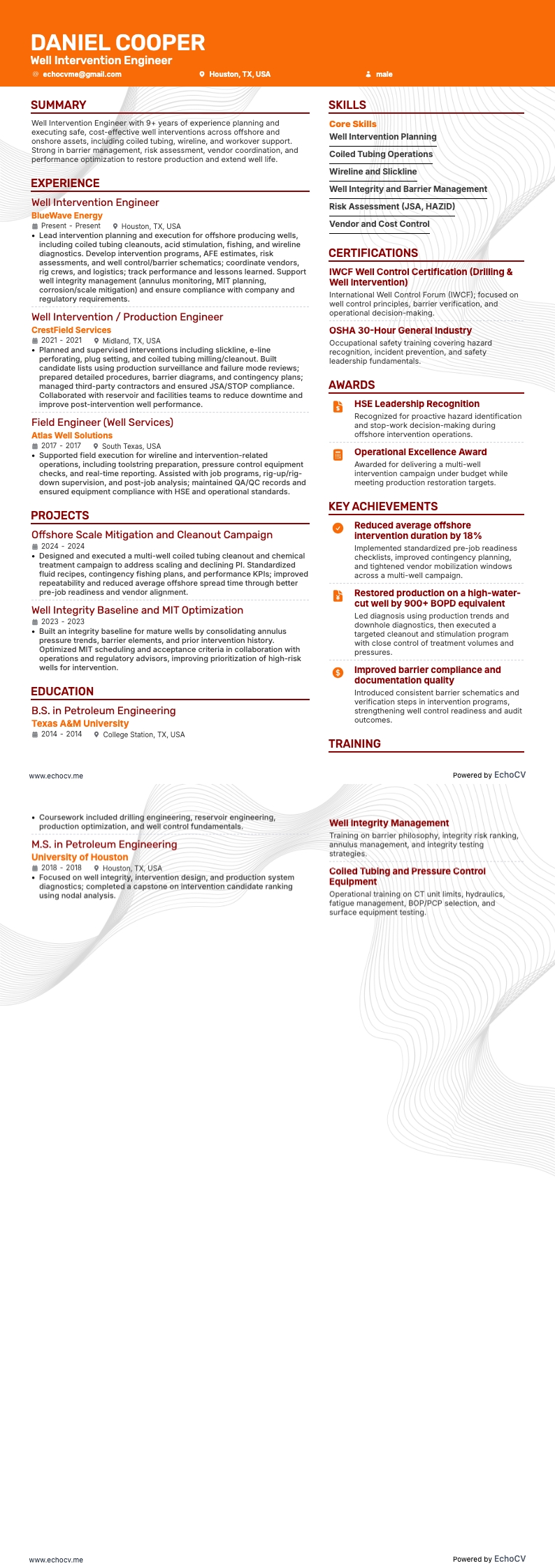 Engenheiro de intervenção em poços example resume