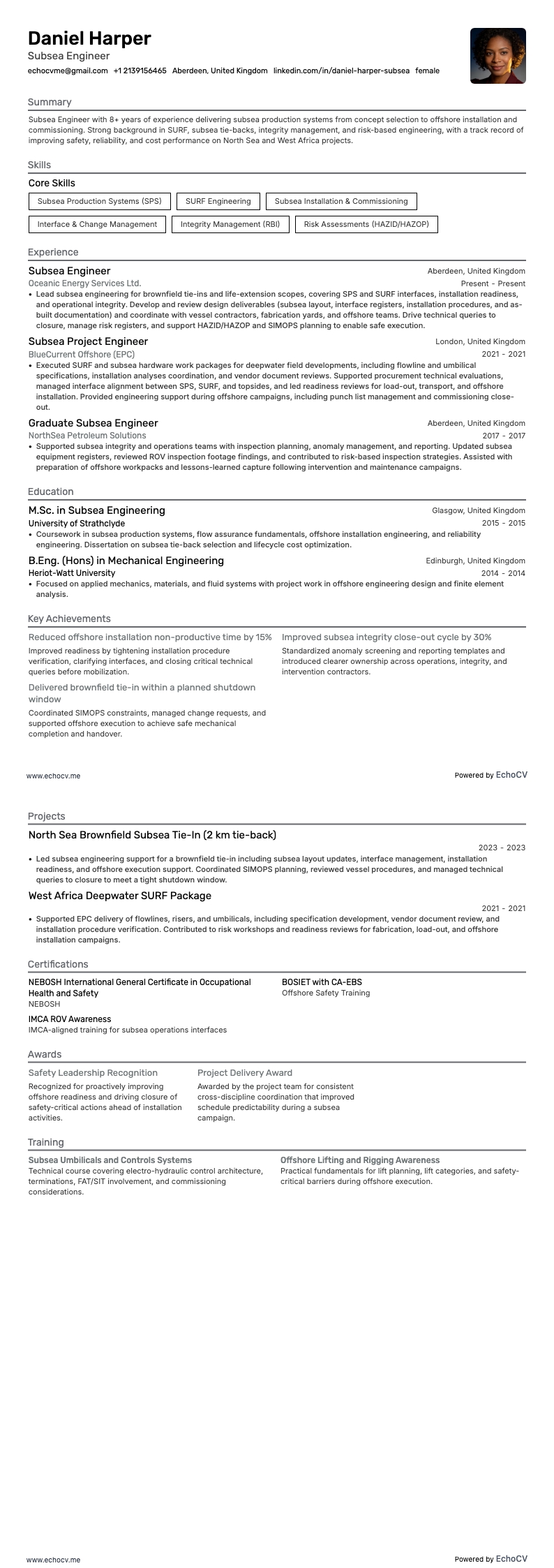 Engenheiro subsea example resume