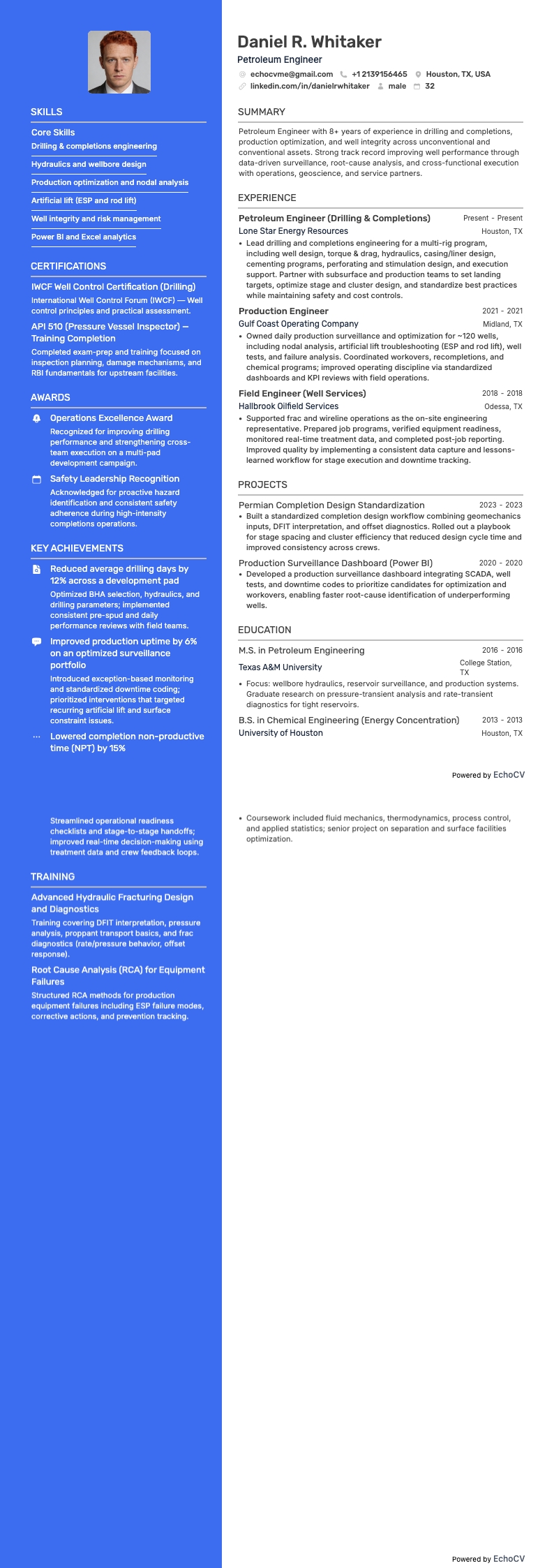 Engenheiro de petróleo example resume