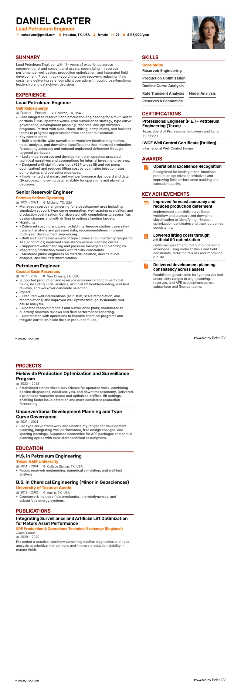 Engenheiro de petróleo resume example