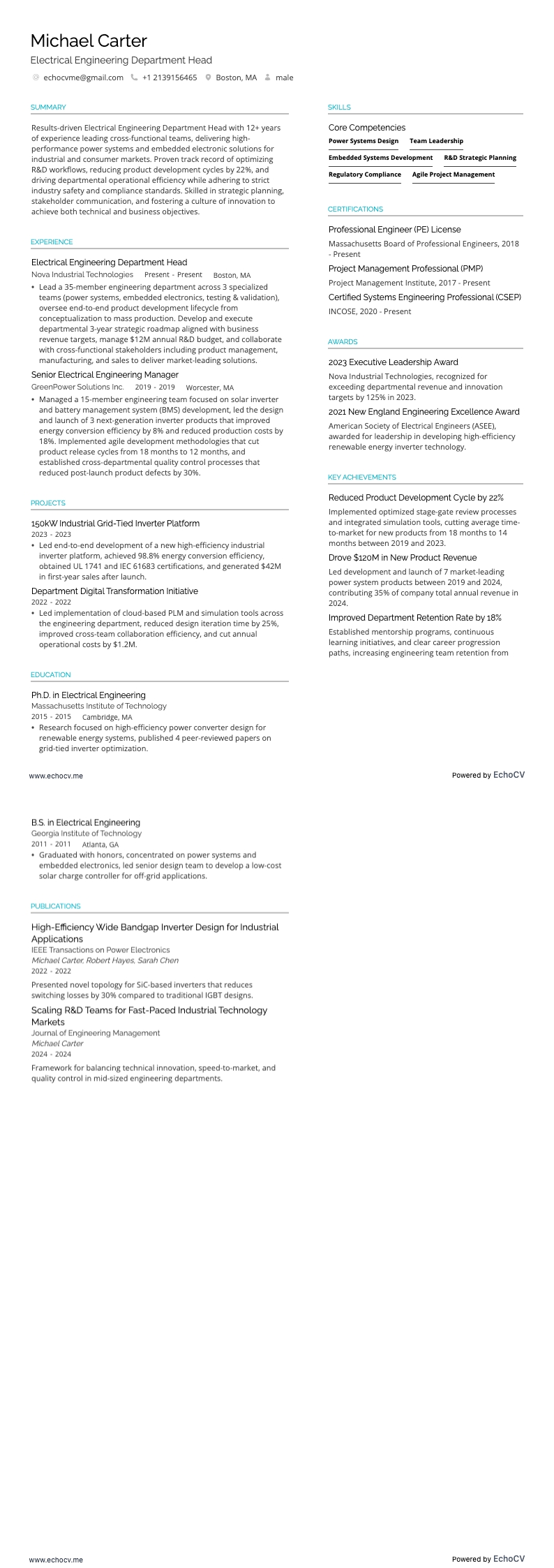 Electrical Engineering Department Head example resume