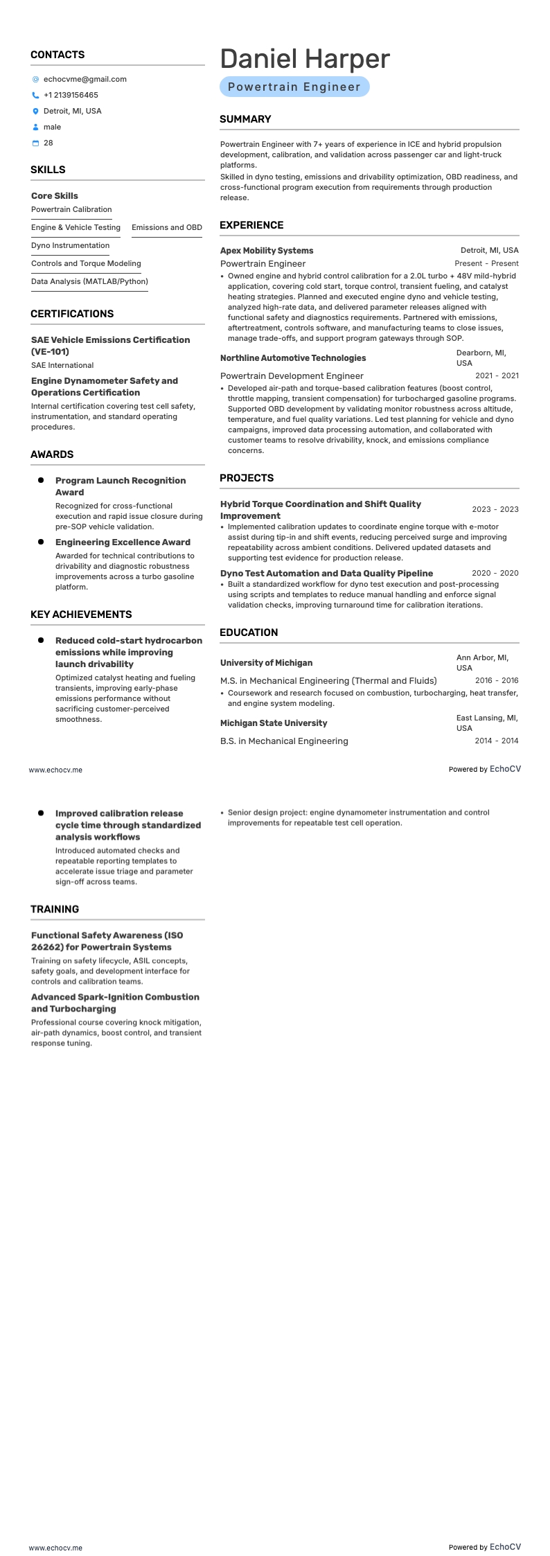 Powertrain-ingenieur resume example