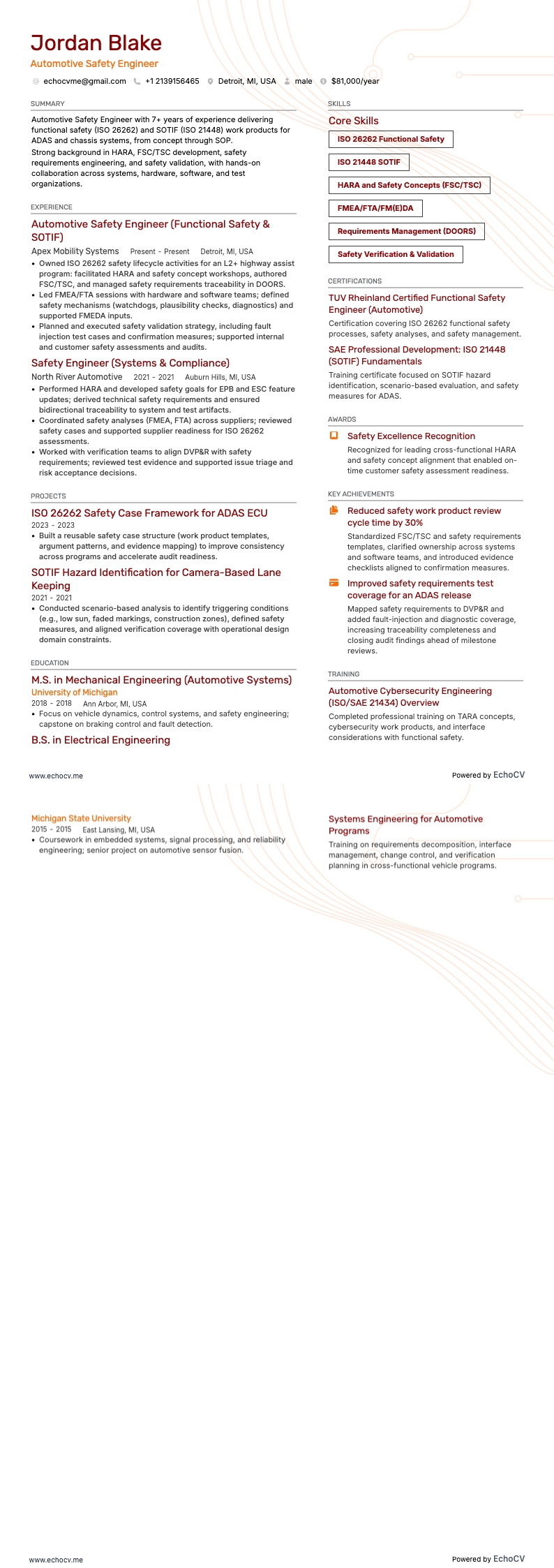 Automotive veiligheidsingenieur example resume