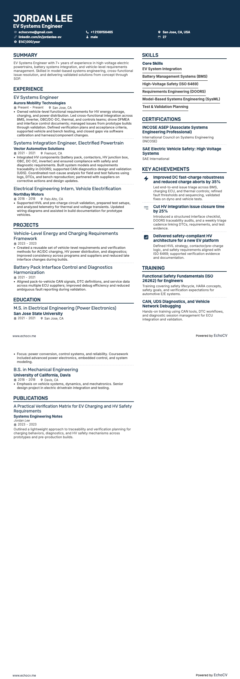 EV-systeemingenieur example resume