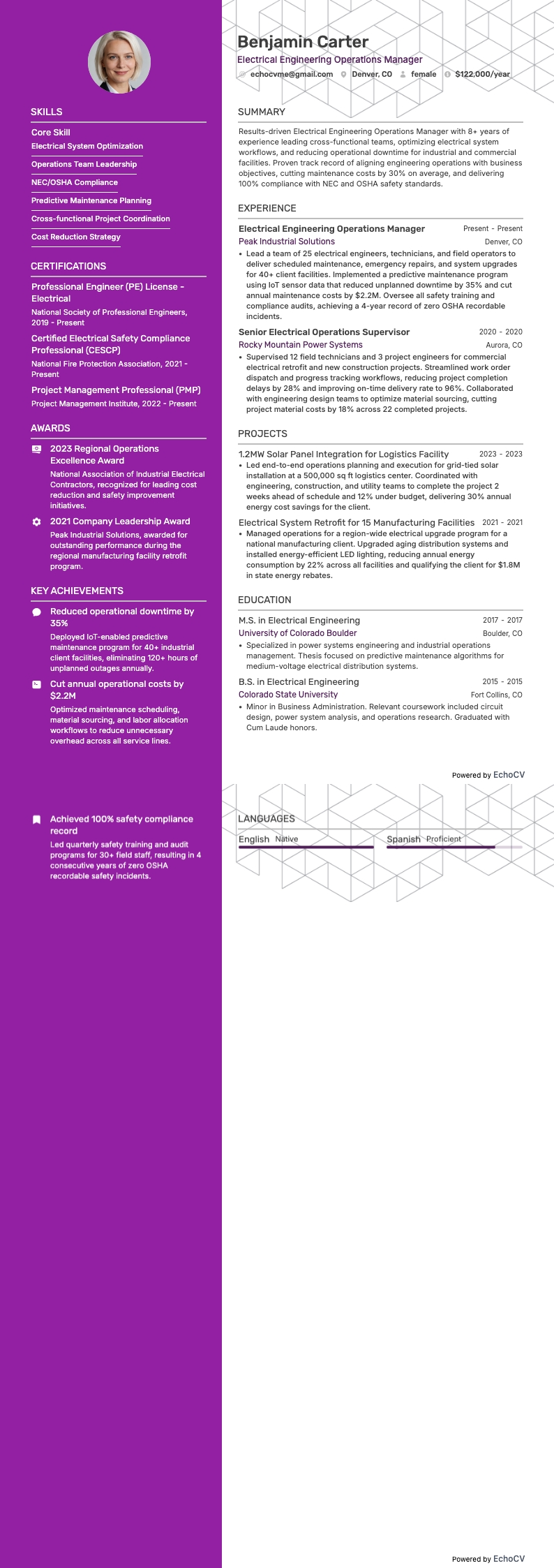 Electrical Engineering Operations Manager example resume
