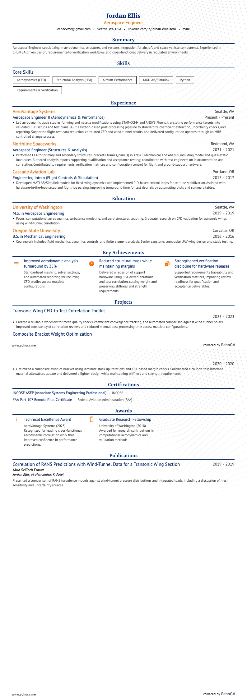 Engenharia aeroespacial resume example