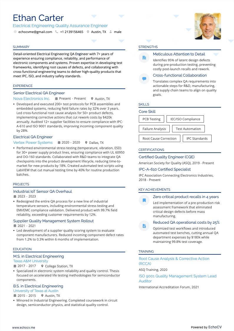 Electrical Engineering Quality Assurance Engineer example resume