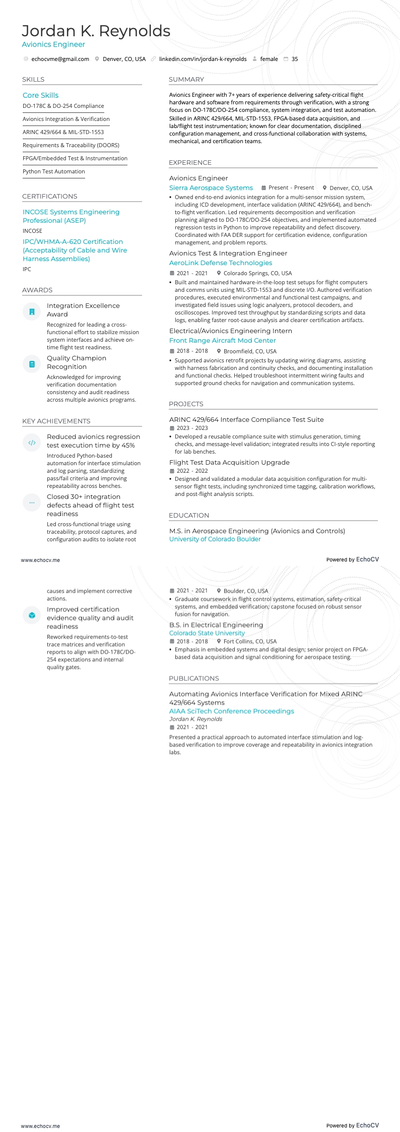 Avionics Engineer example resume