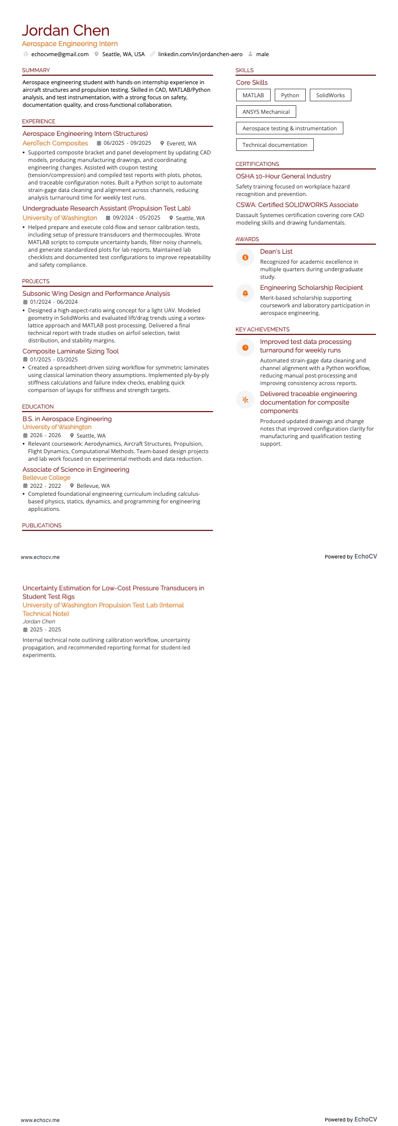 Aerospace Engineering Intern example resume