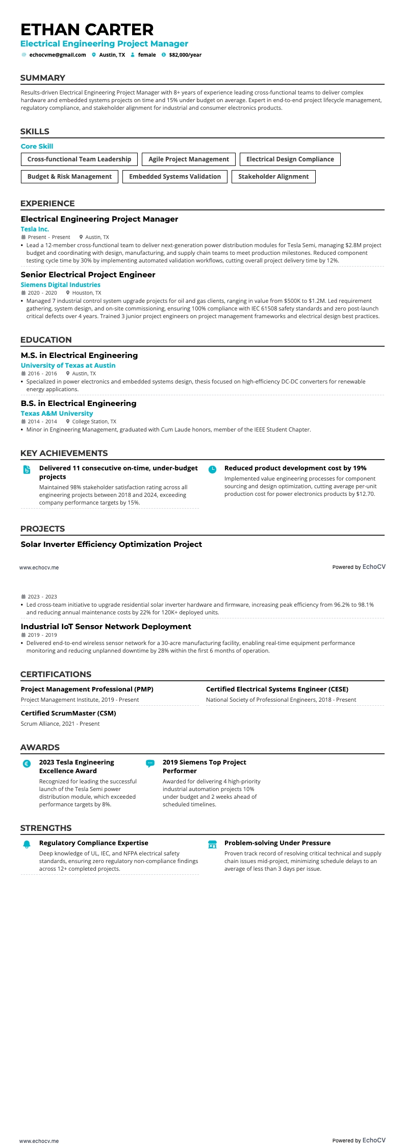 Electrical Engineering Project Manager example resume