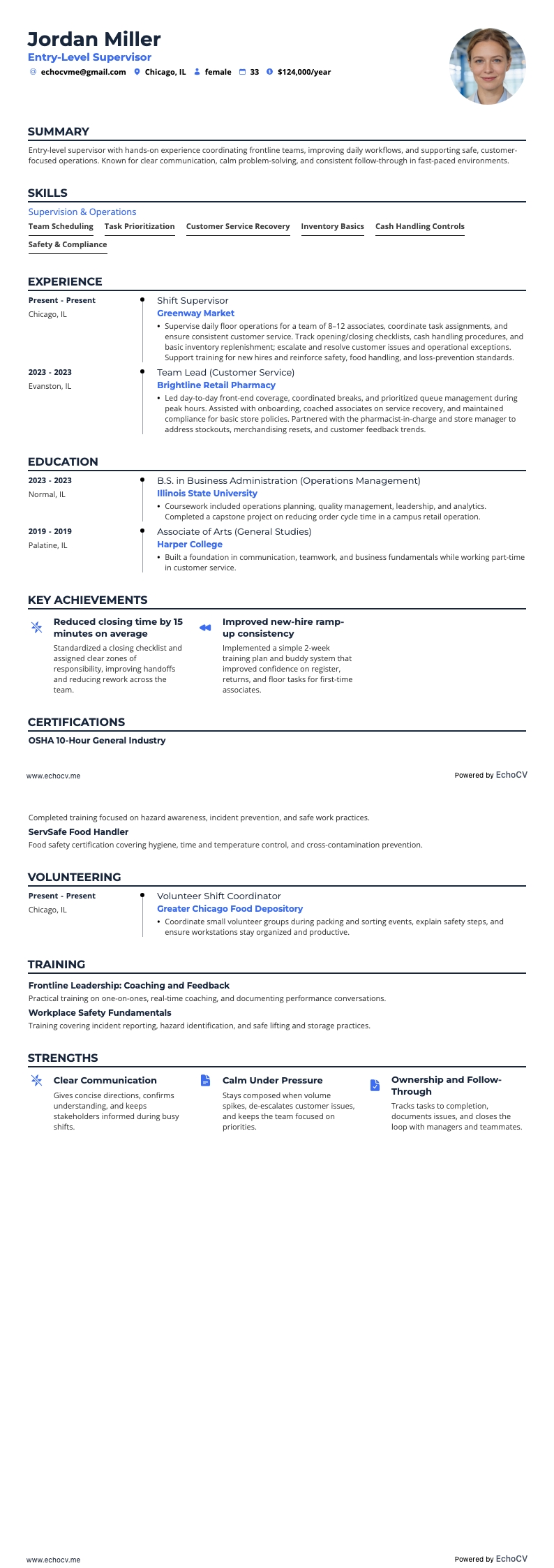 Entry-Level Supervisor example resume