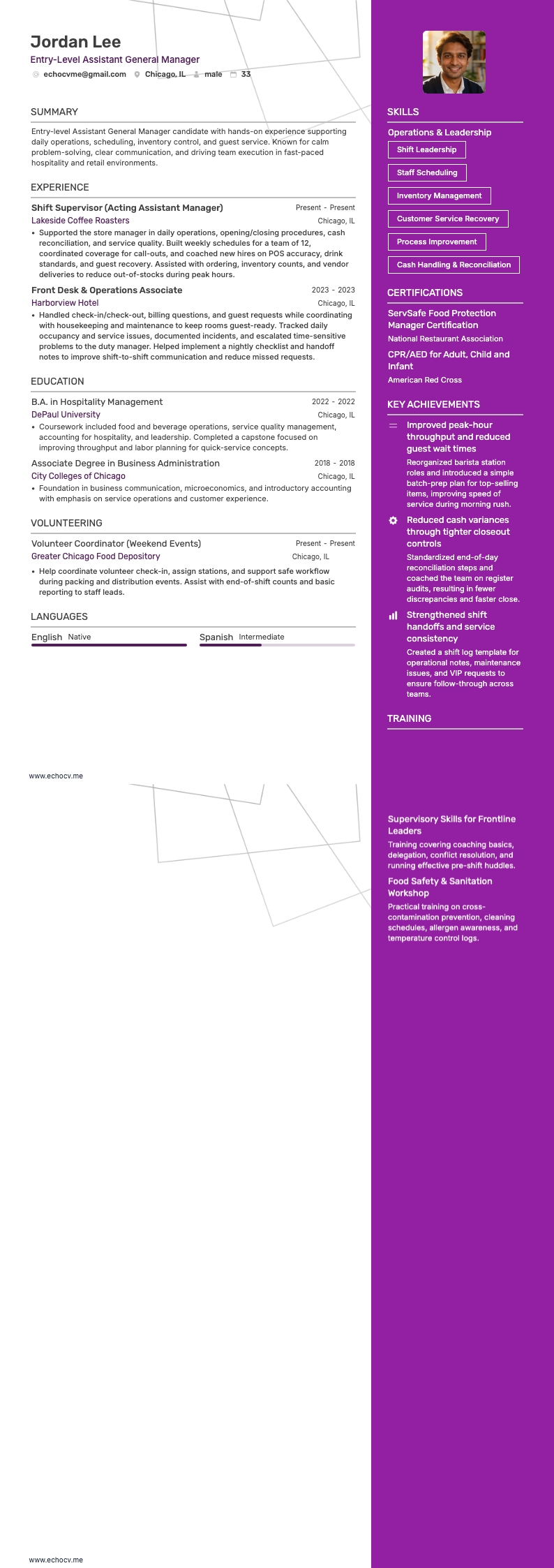 Gerente geral assistente de nível inicial example resume