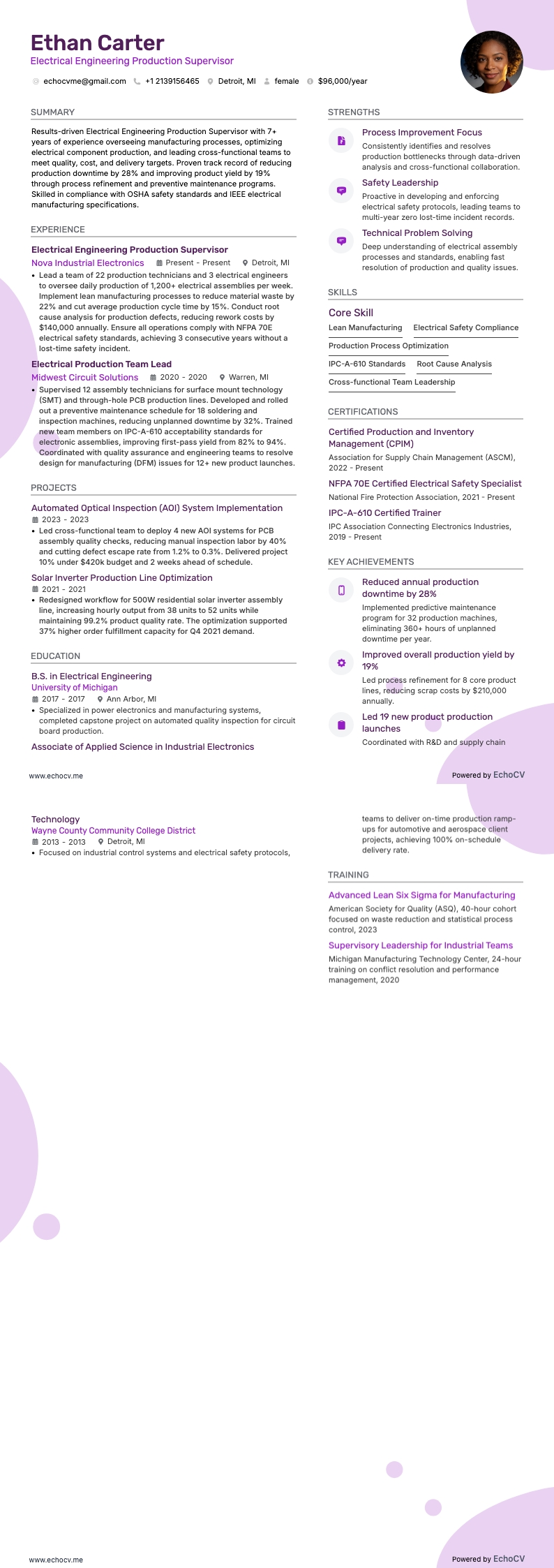 Electrical Engineering Production Supervisor example resume