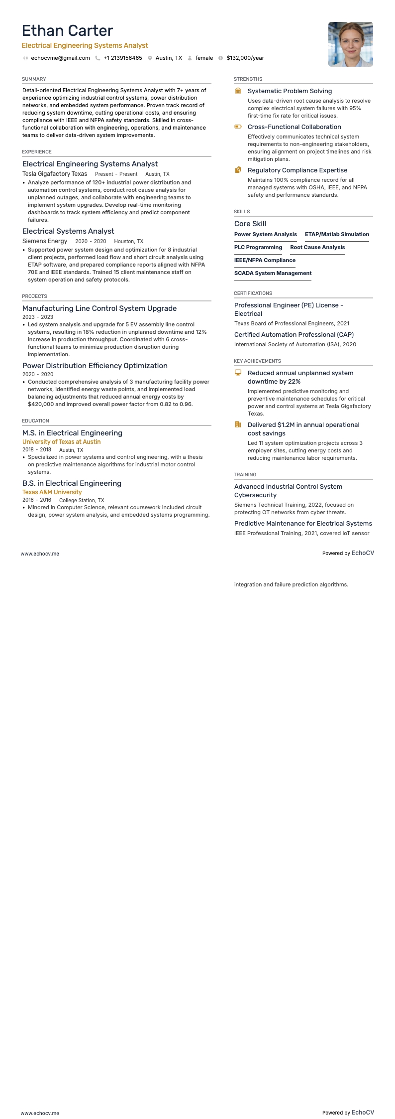 Electrical Engineering Systems Analyst example resume