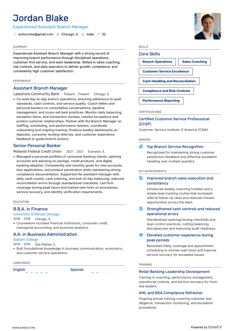 経験豊富な支店長補佐 example resume