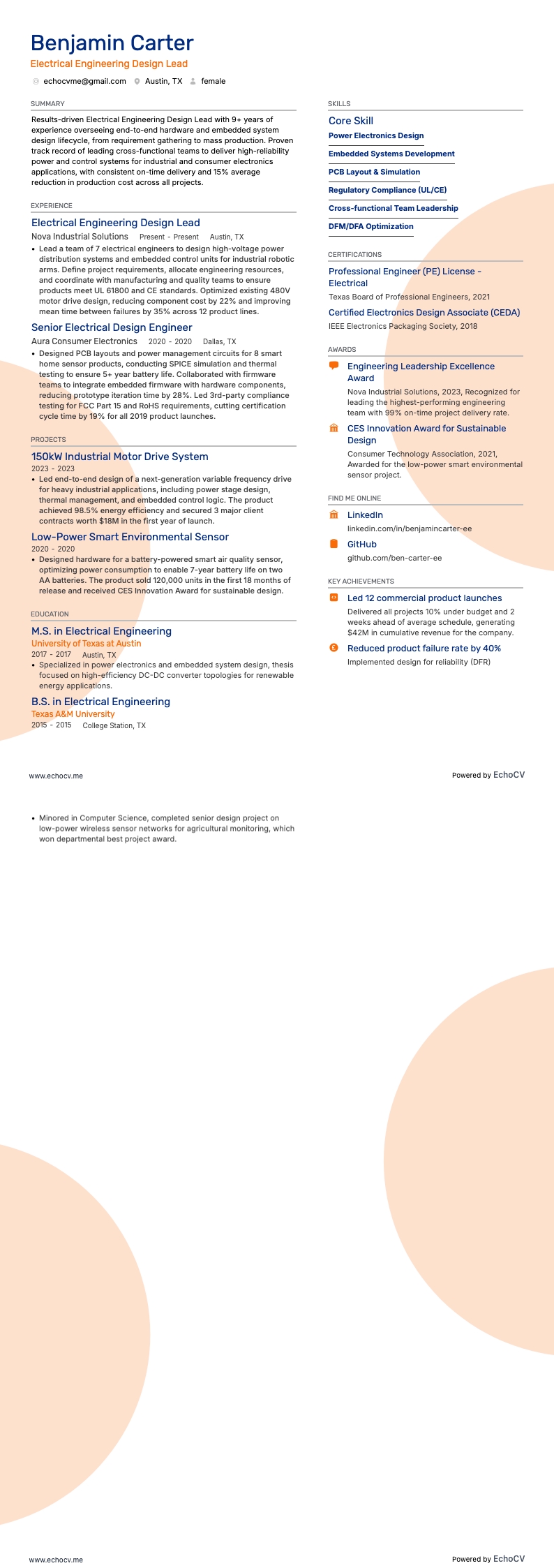 Electrical Engineering Design Lead example resume