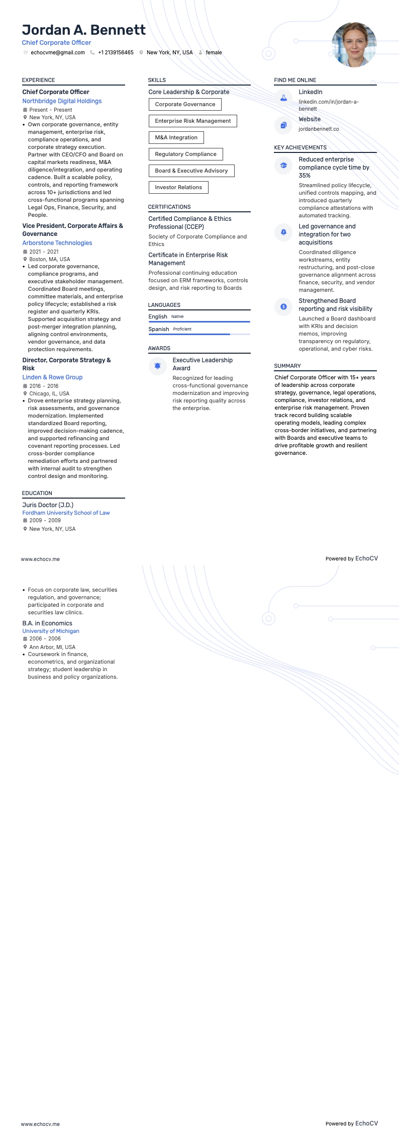 Chief Corporate Officer example resume