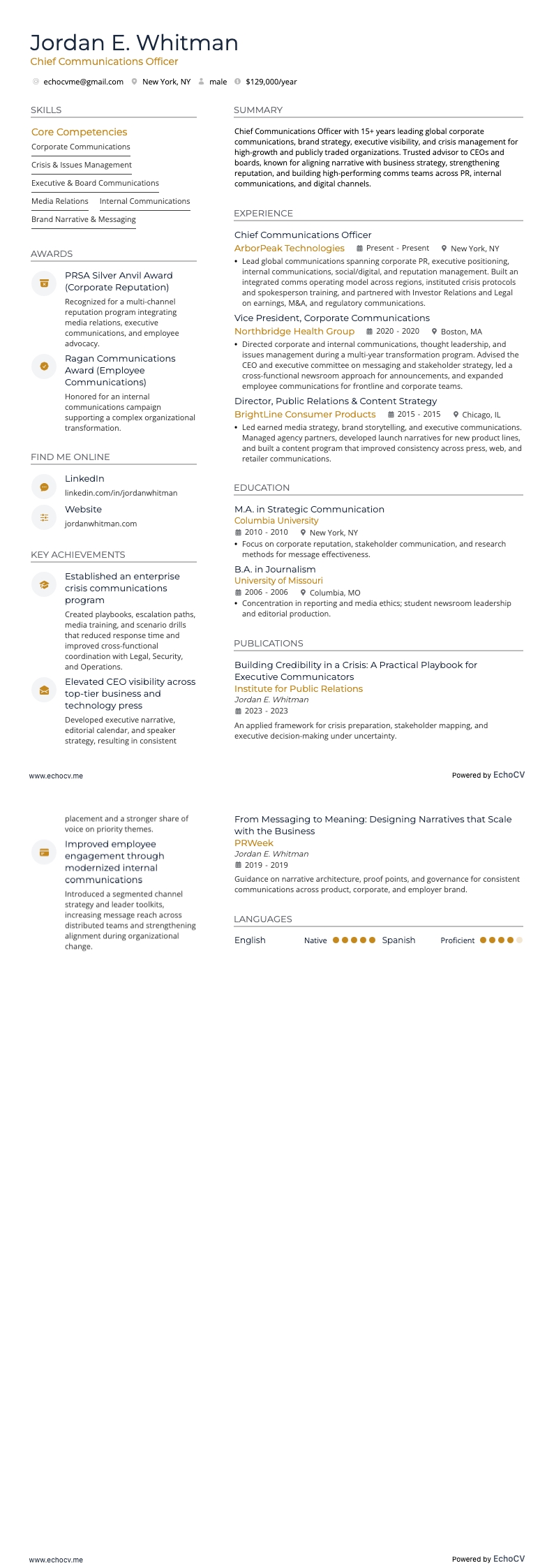 Chief Communications Officer example resume