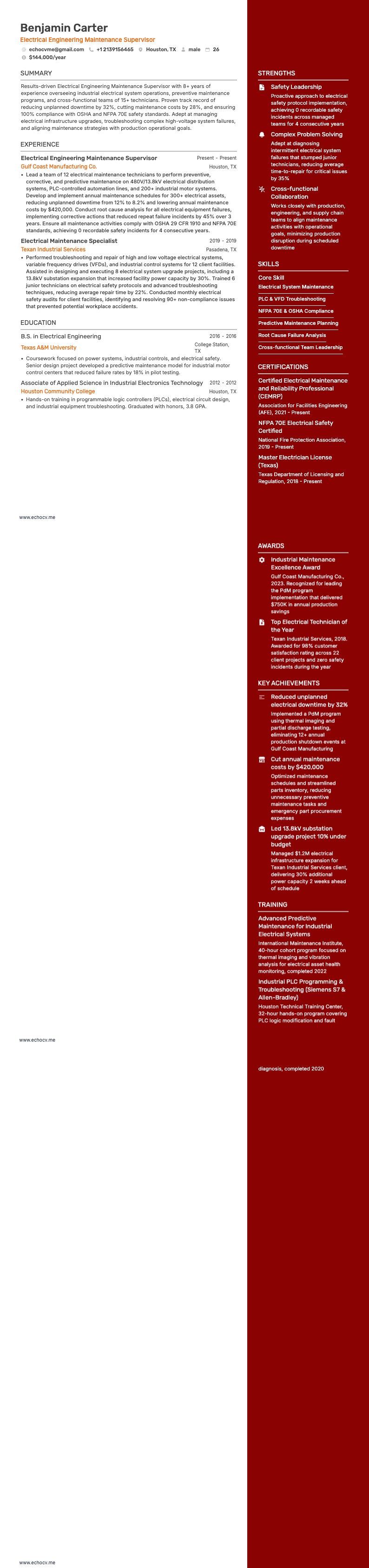 Electrical Engineering Maintenance Supervisor example resume