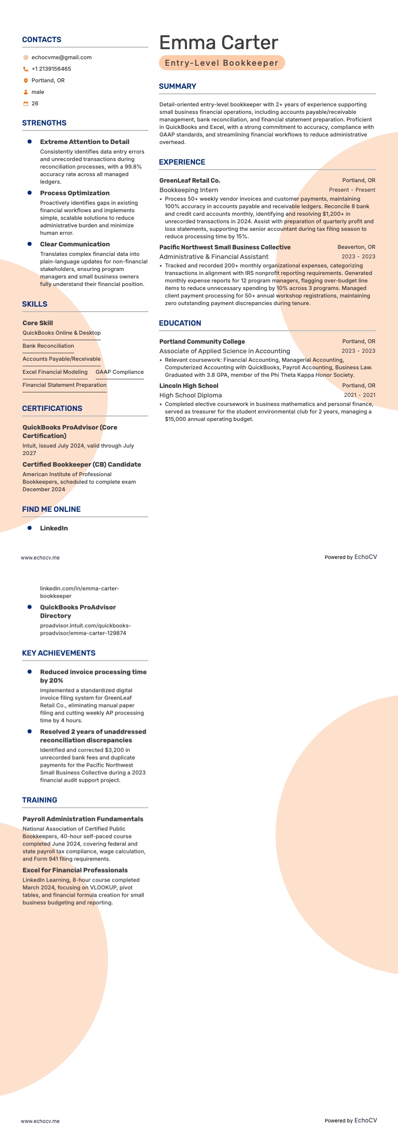 初級簿記係 example resume