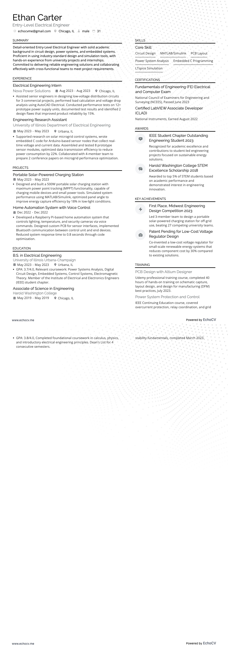 Entry-Level Electrical Engineer example resume
