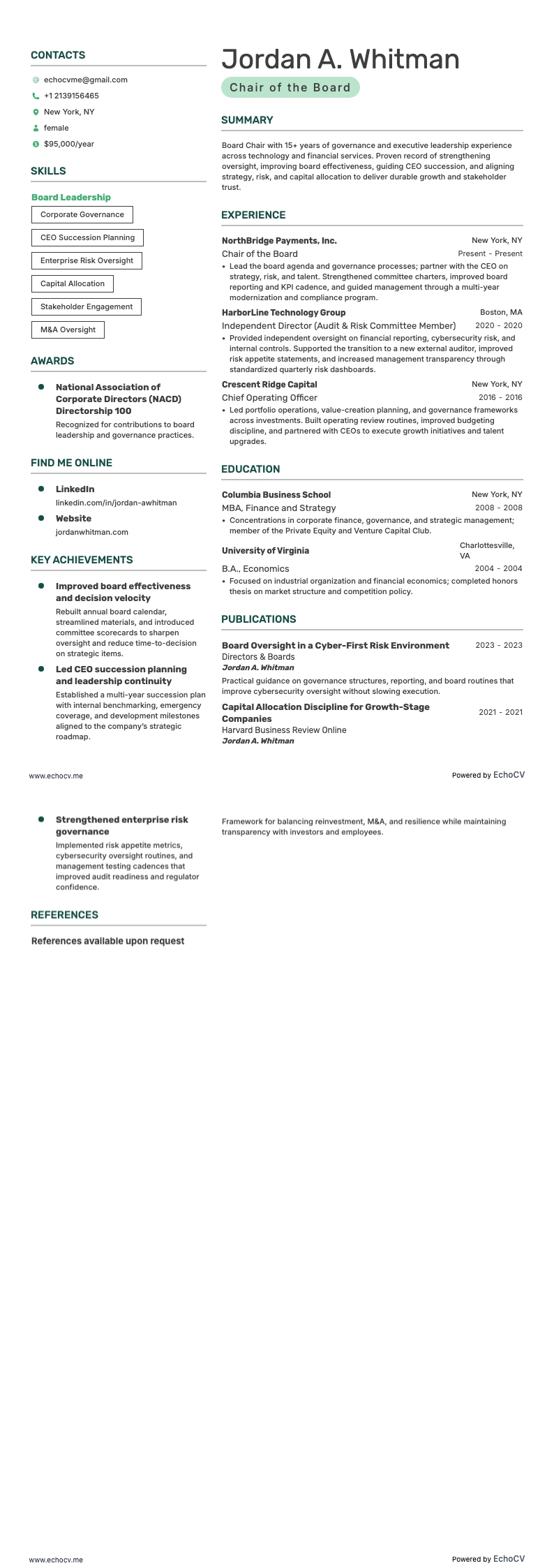 Presidente del consiglio di amministrazione resume example